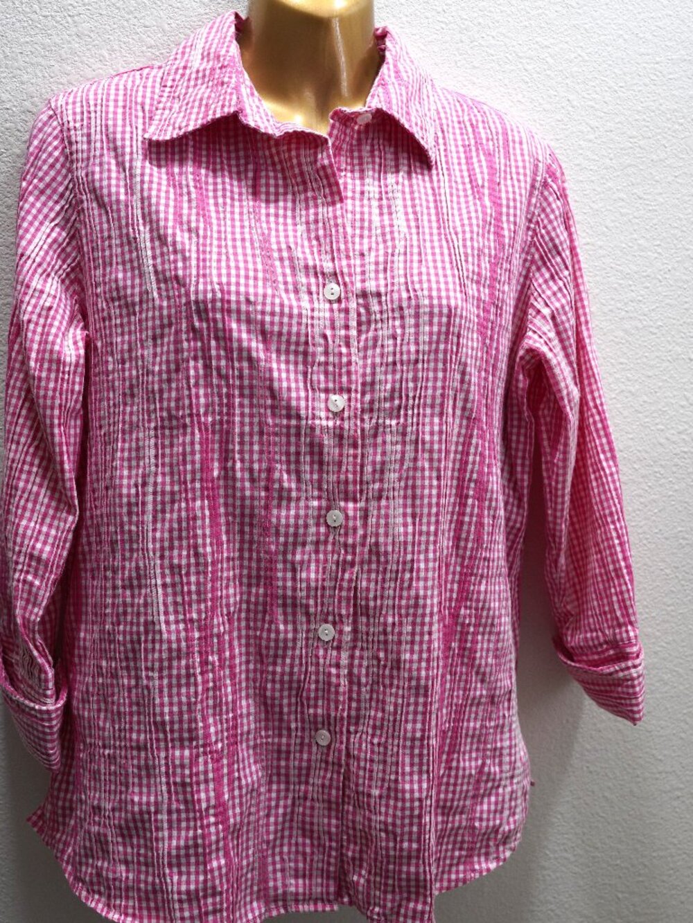 Coldwater Creek Pink White Gingham Blouse size XL - Picture 2 of 5